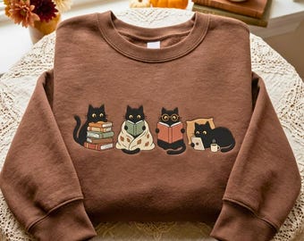 Embroidered Black Cats Reading Sweatshirt, Book Lover Cat Sweatshirt, Cozy Reader Gift For Her
