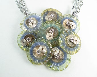 Boro Glass Ruffle Beads and Silver Disk Necklace with Earrings – Persian Blues-SRA-133