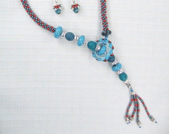 Beaded Kumihimo Lariat Necklace - Lampwork Beads with Earrings – Southwest Look - SRA-133