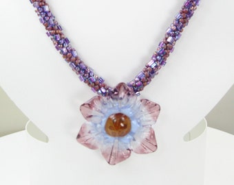 Beaded Kumihimo Necklace – Purple Lampwork Flower Focal - Flower Earrings – SRA-133