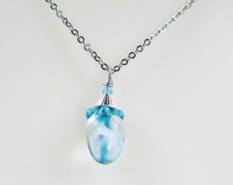 Glass Lampwork Teardrop Pendant on Stainless Steel Chain – Turquoise – SRA-133