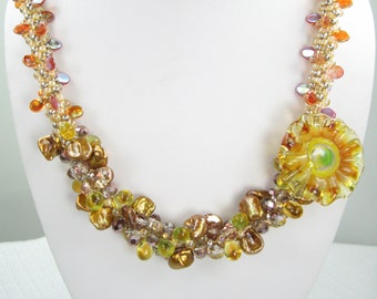 Beaded Kumihimo Necklace – Pearls – Crystals - Lampwork Flower - Earrings -SRA-133
