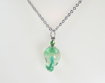 Glass Lampwork Teardrop Pendant on Stainless Steel Chain – Green Swirl – SRA-133