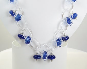 Borosilicate Glass Chain Necklace Set – Boro Bumpy Beads – Lampwork Beads – Glass Loop Earrings – Sapphire Blue – 18 to 21" Long - SRA-133