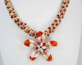 Beaded Kumihimo Necklace with Lampwork Starfish and Shells with Earrings