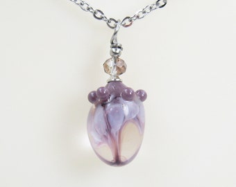 Glass Lampwork Teardrop Pendant on Stainless Steel Chain – Purple Lavender – SRA-133