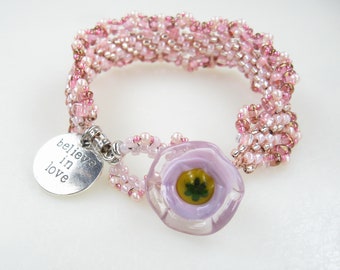 Embellished Beaded Kumihimo Bracelet with Lampwork Flower Clasp - I Believe in Love - SRA-133