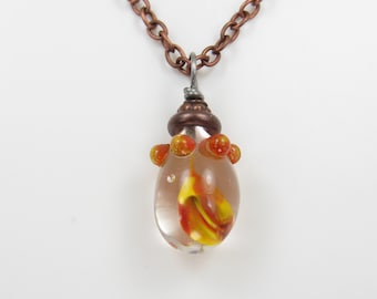 Glass Lampwork Teardrop Pendant on Copper Chain – Golden Amber – SRA-133