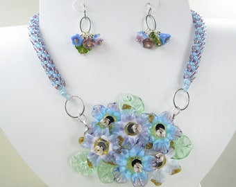 Beaded Kumihimo Necklace – Purple/Blue Lampwork Flowers - Flower Earrings – SRA-133