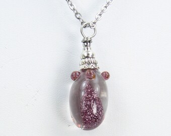 Glass Lampwork Teardrop Pendant on Stainless Steel Chain – Purple Sparkle – SRA-133