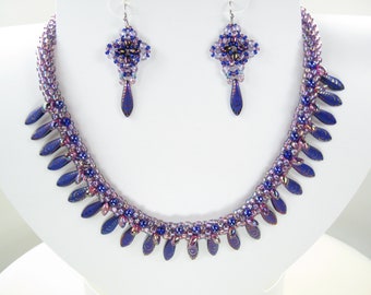 Beaded Kumihimo Necklace with Dagger Beads – Beaded Dagger Earrings – Purple - SRA-133
