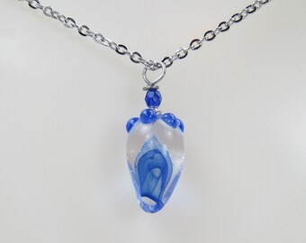 Glass Lampwork Teardrop Pendant on Stainless Steel Chain – Blue Mist – SRA-133