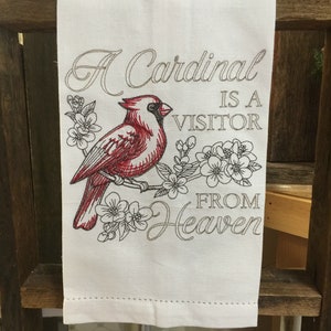 Custom White Cardinal Tea towel With Verse A Cardinal  is a Visitor From Heaven