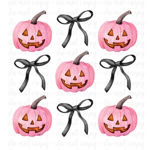May include: Nine pink watercolor pumpkins with black bow accents. Each pumpkin has a jack-o-lantern face with a toothy grin.