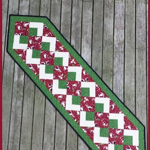 Può includere: Un runner da tavolo verde e rosso con un motivo geometrico. Il runner è fatto di tessuto e ha un bordo nero. Il testo "Jiffy Runner" è stampato sotto il runner.