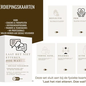 May include: A set of white cards with black text and illustrations, including the text "LAAT HET NIET ETTEREN. DOE WAT!" and "GESPREKSKAARTEN SOCIALE VEILIGHEID". The cards are for coaches, therapists, trainers, and HR professionals.