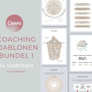 Può includere: Un set di modelli di coaching in un pacchetto. I modelli sono progettati per l'uso con un coach e un cliente. I modelli includono un diagramma circolare, un diagramma di iceberg, un diagramma di nuvola di pioggia e un diagramma di Venn. Il testo sui modelli è in olandese.