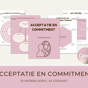 Puede incluir: Un conjunto de 25 hojas de trabajo imprimibles en formato A4 para un diario de coaching sobre terapia de aceptación y compromiso (ACT). Las hojas de trabajo son rosas con texto e ilustraciones marrones.