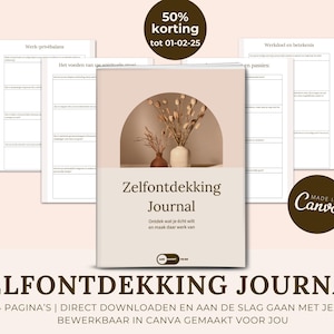 Può includere: Una copertina di diario digitale con sfondo beige e un arco marrone. L'arco è decorato con fiori secchi e un vaso. Il testo "Zelfontdekking Journal" è in font marrone. Il testo "Ontdek wat je echt wilt en maak daar werk van" è in font marrone più piccolo. Il testo "114 PAGINA'S | DIRECT DOWNLOADEN EN AAN DE SLAG GAAN MET JEZELF BEWERKBAAR IN CANVA GEMAAKT VOOR JOU" è in font bianco.