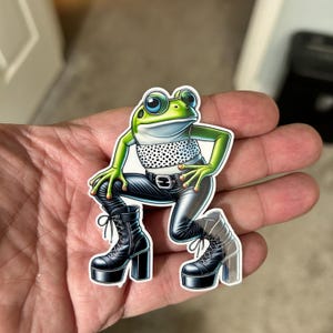 May include: A green frog wearing a black and white polka dot top and black pants with a silver belt. The frog is wearing black platform boots with laces.