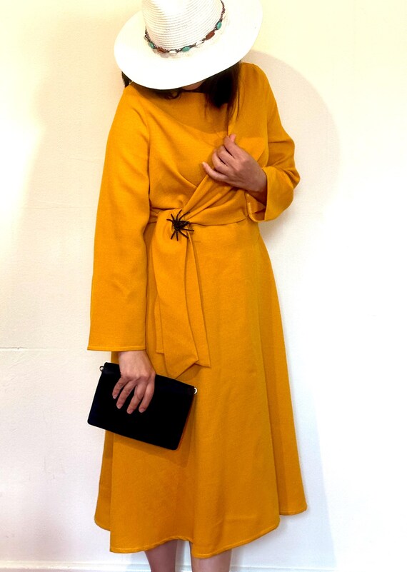 Mustard Yellow Kimono Style Midi Dress Elegant Wrap Design Versatile Free Size for UK 12 16 Linen look Etsy