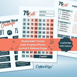 75 Day Challenge Customizable Tracker for Wellness | 75 Soft, 75 Hard | PDF Printable Planner | Weekly Fitness Tracker | Canva Template