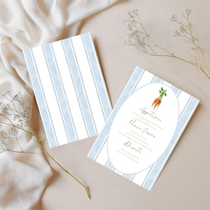 Peter Rabbit inspiriert Babyparty | Blaue Menüvorlage