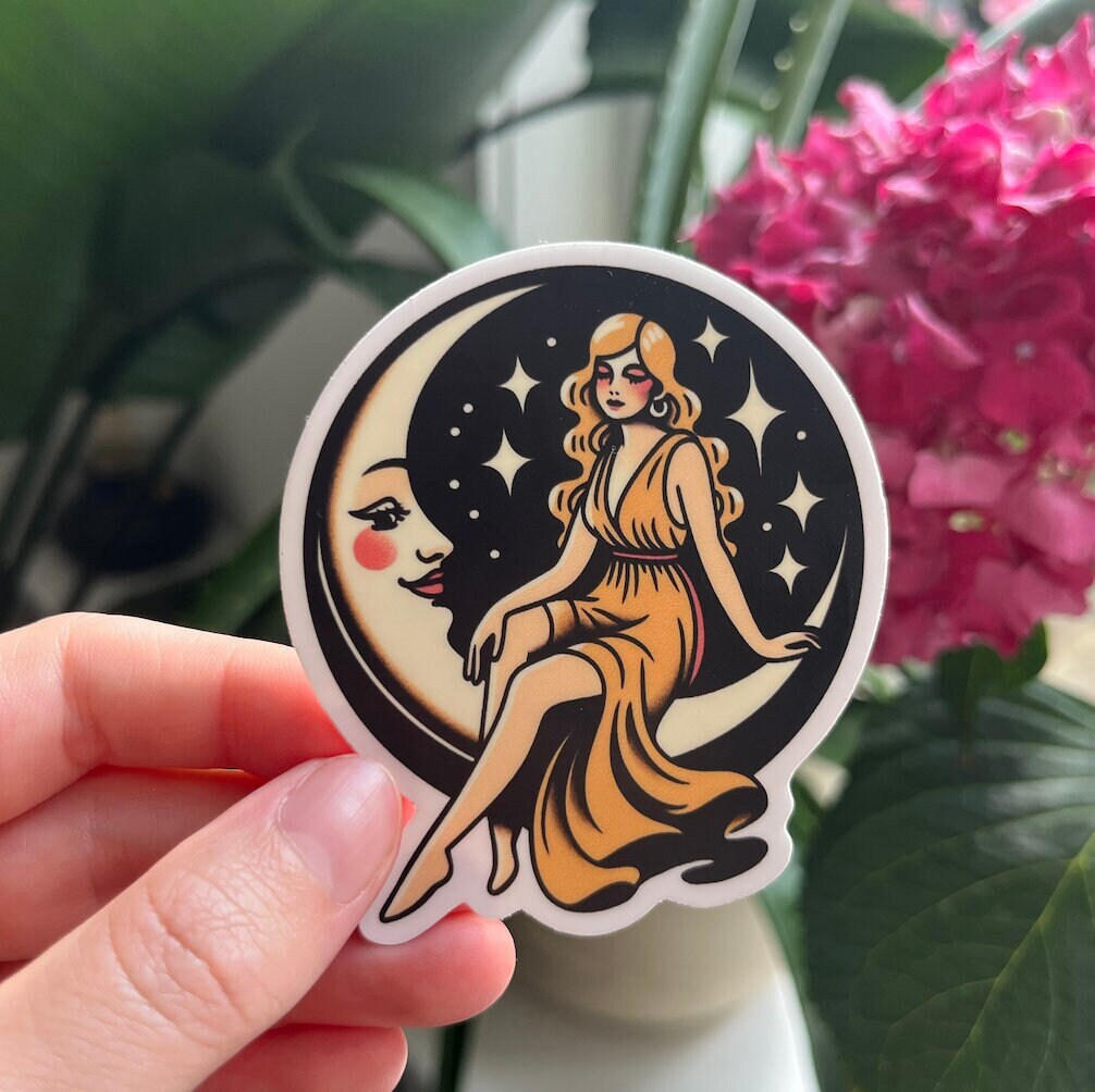 Dreaming woman sitting on crescent moon | waterproof vinyl laptop sticker