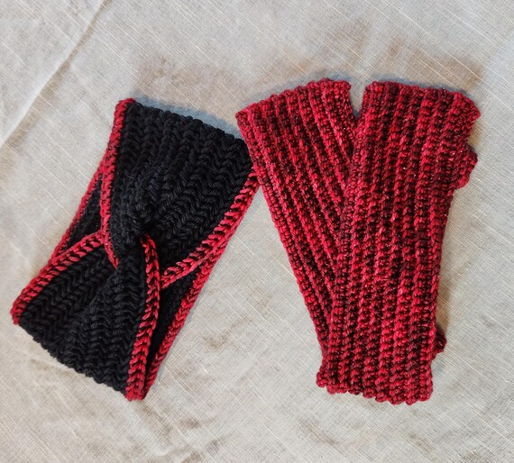 Crochet Hand-dyed Wool Ear Warmer and Fingerless Gloves Set 