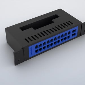May include: A black rectangular network patch panel featuring a blue front face with two rows of sixteen RJ45 ports. The device includes side mounting brackets with screw holes and a series of ventilation slots along the top edge of the housing.