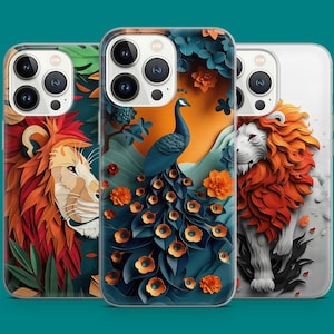 Vibrant Animal Art Phone Case Majestic Lion Peacock Paper Design Phone Cover for iPhone 16 15 14 13 12 11, Samsung S25 S24 S23 S22, Pixel 9