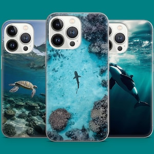 Funda para teléfono con diseño de vida silvestre oceánica, tortuga, tiburón, orca, escena submarina, para iPhone 16, 15, 14, 13, 12 y 11, Samsung S25, S24, S23 y S22, Pixel 7, 8 y 9