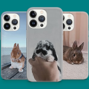 Bonita funda para teléfono con diseño de conejito, adorable y esponjosa mascota, con primer plano artístico para iPhone 16, 15, 14, 13, 12, 11, XR, Samsung S25, S24, S23, S22, Pixel 7, 8 y 9