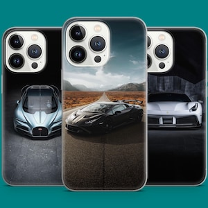 May include: Three phone cases with different car designs. The first case features a light blue car, the second case features a black car, and the third case features a white car.