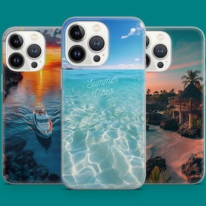 Scenic Summer Paradise Phone Case Ocean Sunset Beach Resort Scene Phone Cover for iPhone 16 15 14 13 12 11, Samsung S25 S24 S23 S22, Pixel 9