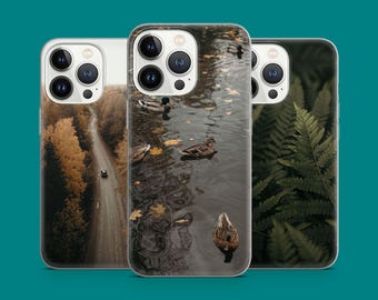 Funda para teléfono con paisaje otoñal, camino forestal, estanque de patos, arte para iPhone 16, 15, 14, 13, 12, 11 XR, Samsung S25, S24, S23, S22 Pixel 7, 8, 9