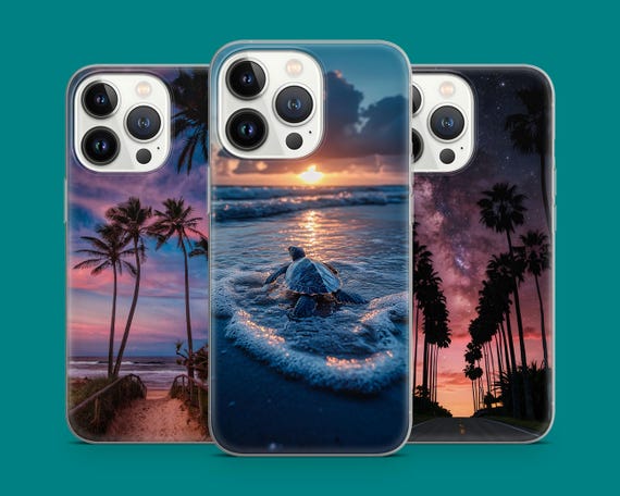 Coque IPhone Avec Motif Palmier Coucher De Soleil - Noir - Silicone/Gel - Neuf