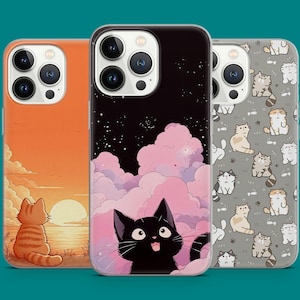 Cute Anime Cat Phone Case Sunset Night Cat Pattern Design Phone Cover for iPhone 16 15 14 13 12 11 XR Samsung S25 S24 S23 S22 Pixel 7 8 9