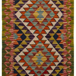 Authentic Afghan Kilim Rug | 90x60 cm (2&#39;11&quot;x1&#39;11&quot;) | Handmade Wool, Geometric Boho Vintage | Small Space Decor