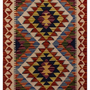 Authentic Afghan Kilim Rug | 90x60 cm (2&#39;11&quot;x1&#39;11&quot;) | Handmade Wool, Geometric Boho Vintage | Small Space Decor