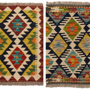 2 Authentic Afghan Kilim Rugs | 90x60 cm (2'11"x1'11") | Handmade Wool, Geometric Boho Vintage | Small Space Decor