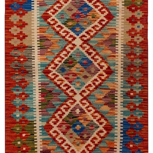 Authentic Afghan Kilim Rug | 90x60 cm (2&#39;11&quot;x1&#39;11&quot;) | Handmade Wool, Geometric Boho Vintage | Small Space Decor
