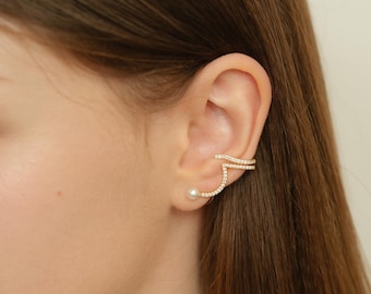 Enchanting Pearl and Crystal Earcuff Climbers Stud Earrings, Faux Pearl Cubic Zirconia Wave Shaped Stud Earrings, Gift for her