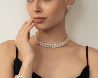 Parure de bijoux 3 pièces en strass, parure de boucles d'oreilles et bracelet, parure de mariage en cristal, cadeau de fête des fêtes pour elle