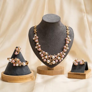 Elegant Pink & White Faux Pearl Jewelry Set: Bridal Necklace, Bracelet, Earrings, Ring