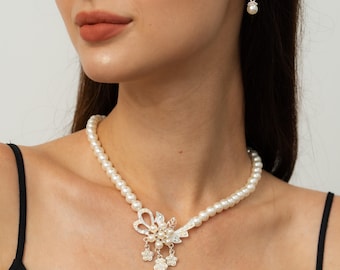 Glass Pearl Necklace and Earrings Set – Elegant White Pearl Jewelry for Weddings, Brides, and Special Occasions