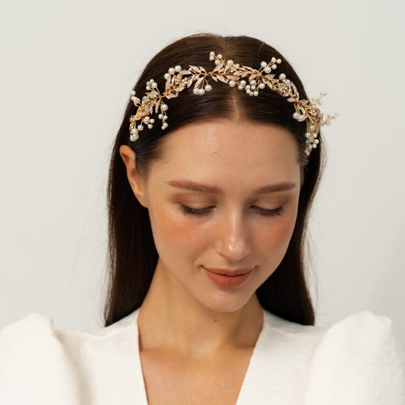 Handmade Rose Gold Head Piece Handmade Rose Gold Bridal Hair Comb: Pearl & Rhinestone  main image 2
