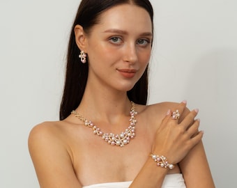 Elegant Pink and White Faux Pearl Jewelry Set – Necklace, Bracelet, Earrings and Ring for Weddings, Parties & Gifts