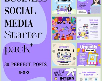 May include: A purple and white graphic design template for social media posts. The template features a variety of designs, including a business social media starter pack, a weekly meeting announcement, a job posting for a graphic designer, and an internship announcement. The template also includes a calendar with upcoming events.