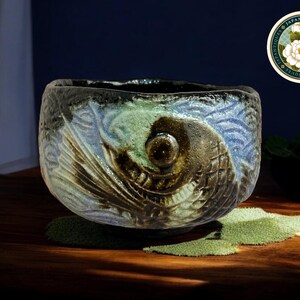 Rare Fish Black Raku Chawan – Antique Ebonized Raku Matcha Tea Bowl with Fish Motif, Japanese Chawan | FREE Secret Gift Included